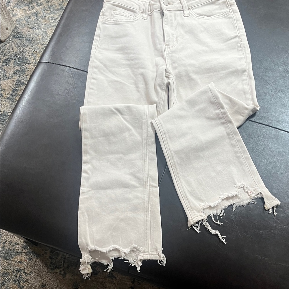 Flying Monkey cream Frayed Hem Cropped Jeans